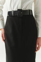 Exquise-önü Yırtmaçlı Kemerli Astarlı Regular Siyah Midi Etek-ETEK-5-Milagron.com