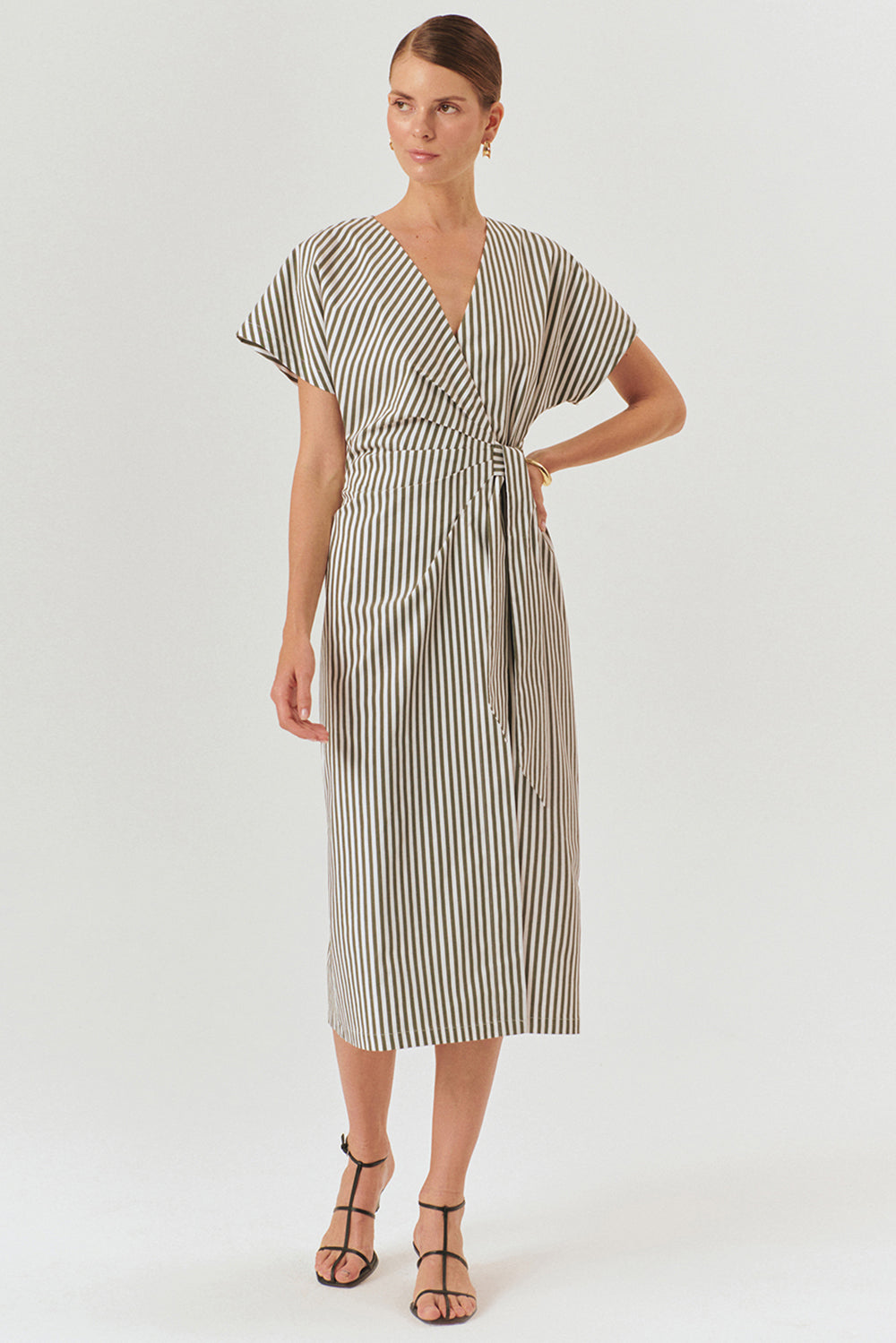 Exquise-şerit Desenli Kruvaze Model Pamuklu Midi Boy Elbise-Elbise-1-Milagron.com