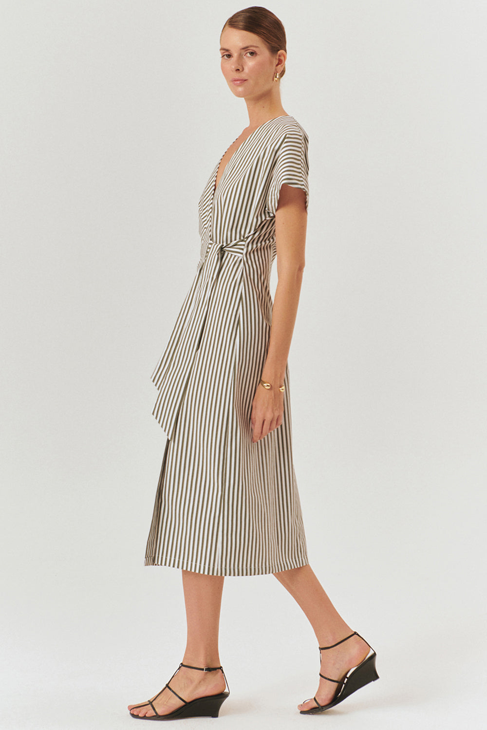 Exquise-şerit Desenli Kruvaze Model Pamuklu Midi Boy Elbise-Elbise-3-Milagron.com