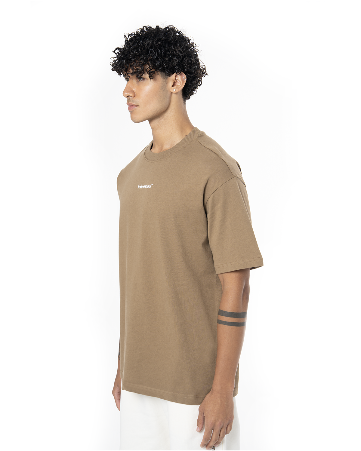Erkek Oversize Basic Baskili TiŞört - Kahverengi