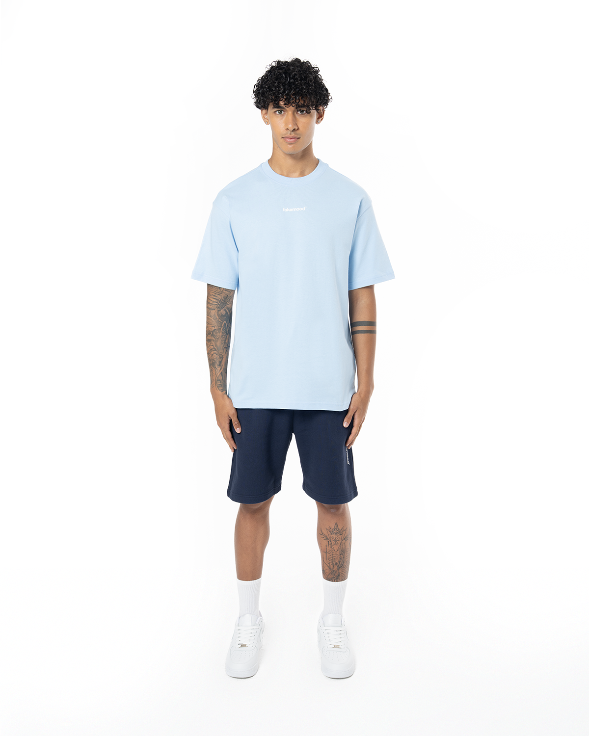 Erkek Oversize Basic Baskili TiŞört - Açik Mavi