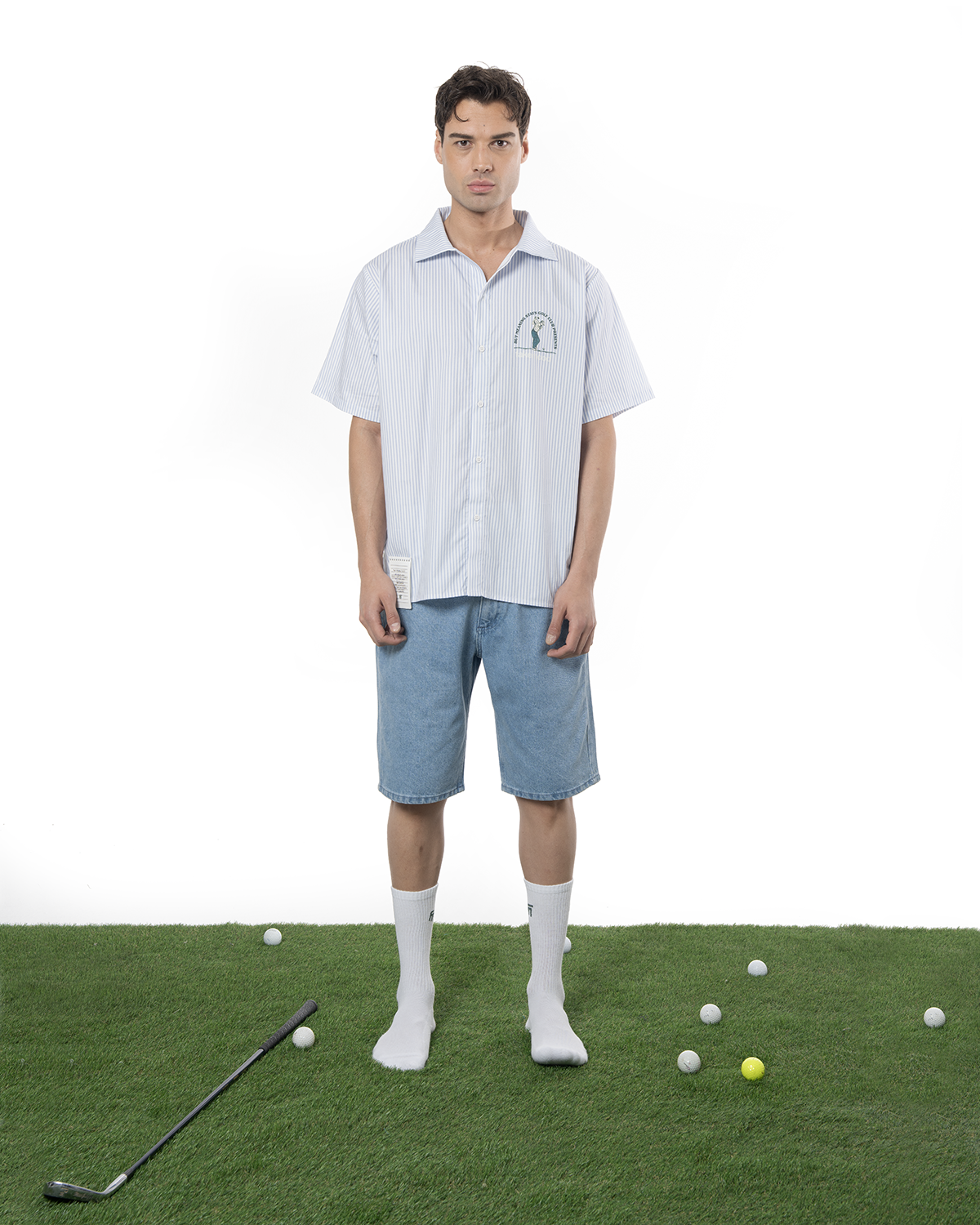 Erkek Oversize ÇiZgiLi Motto Etketli Golf Club Gömlek - Mavi - 0