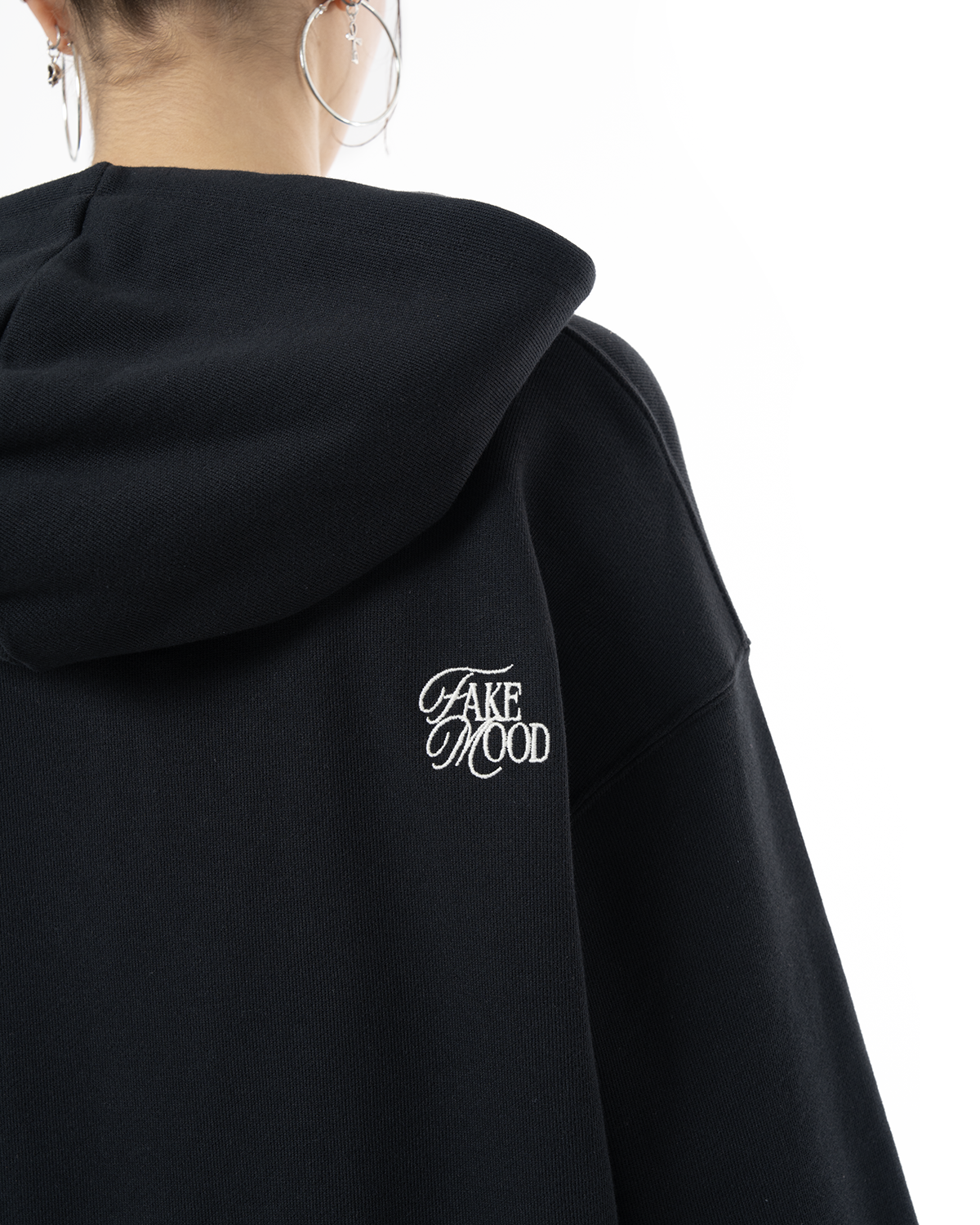 Kadın Oversize Asimetrik Kesim Nakışlı Zip Hoodie - Siyah - 5