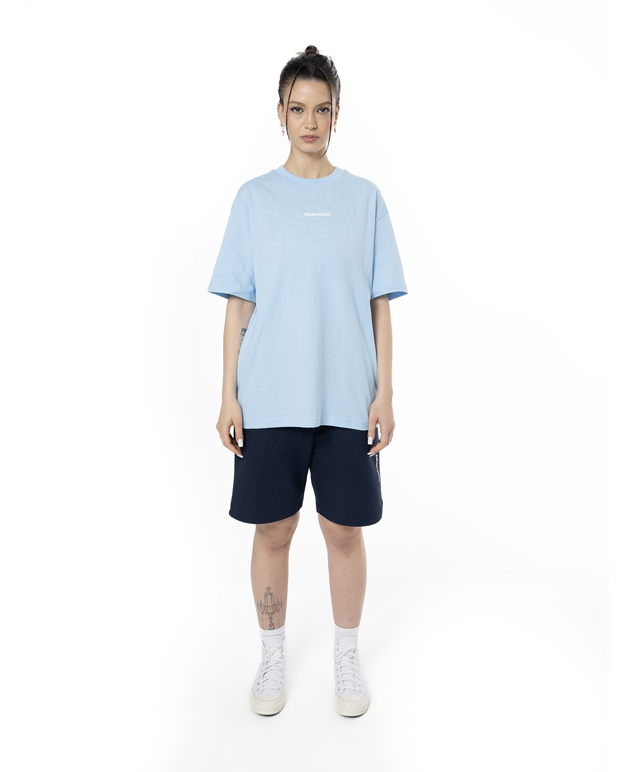 Kadin Oversize Basic Baskili TiŞört - Açik Mavi