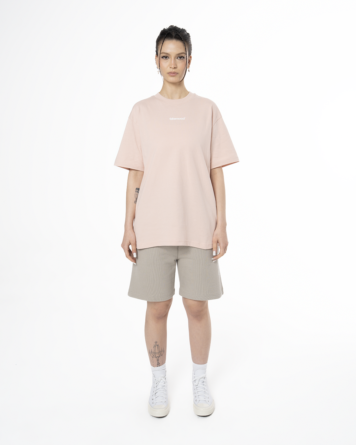 Kadin Oversize Basic Baskili TiŞört - Açik Pembe