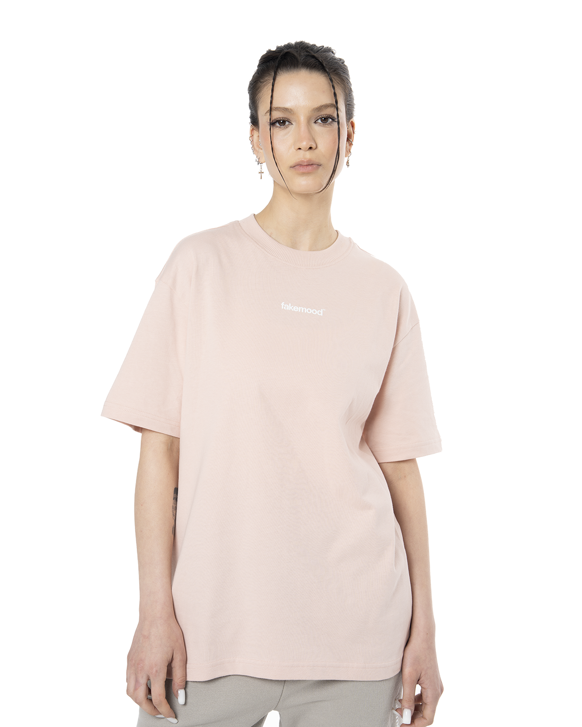 Kadin Oversize Basic Baskili TiŞört - Açik Pembe