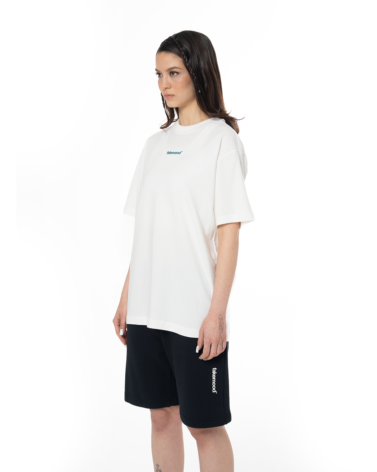 Kadin Oversize Basic Baskili TiŞört - Beyaz