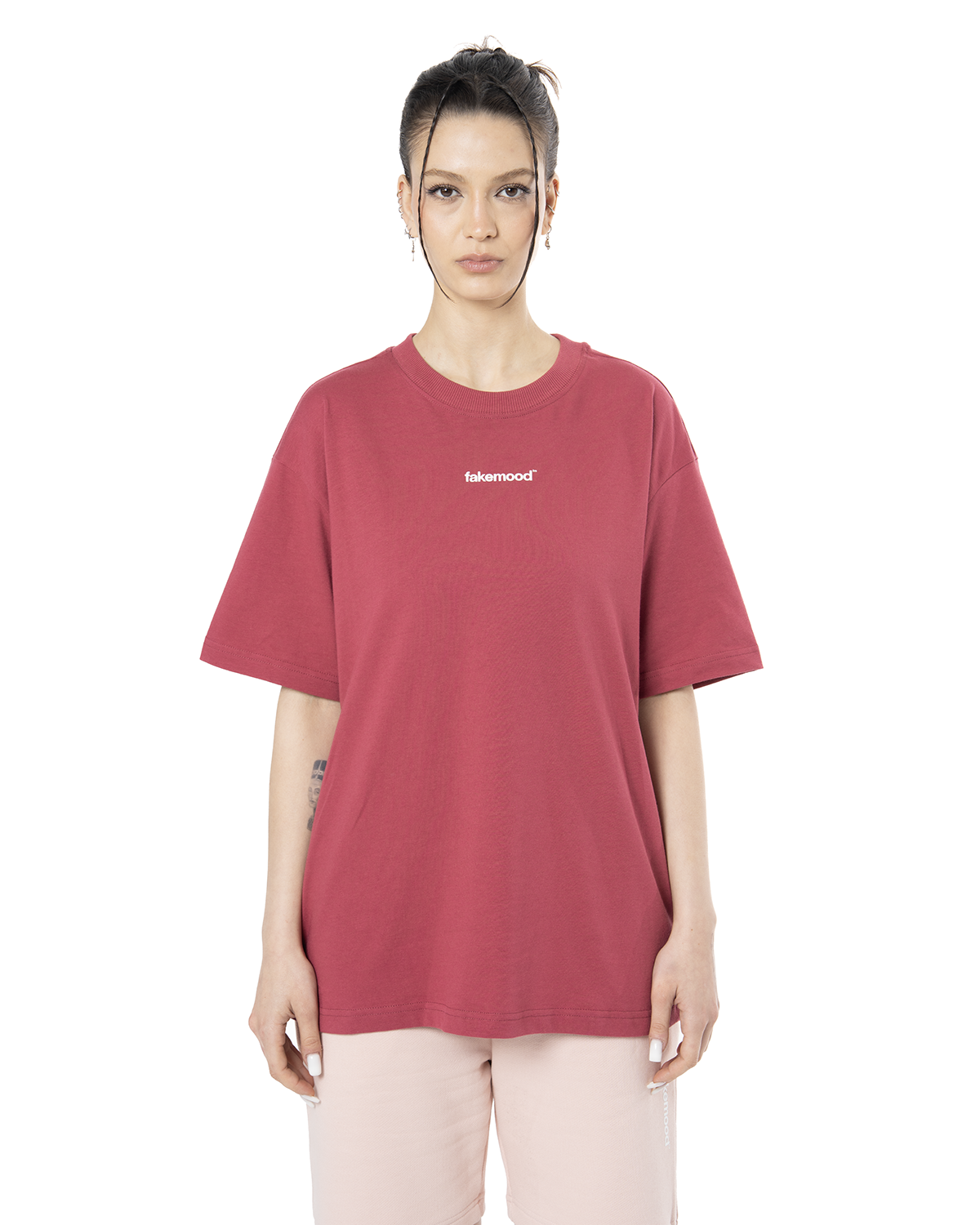 Kadin Oversize Basic Baskili TiŞört - Bordo