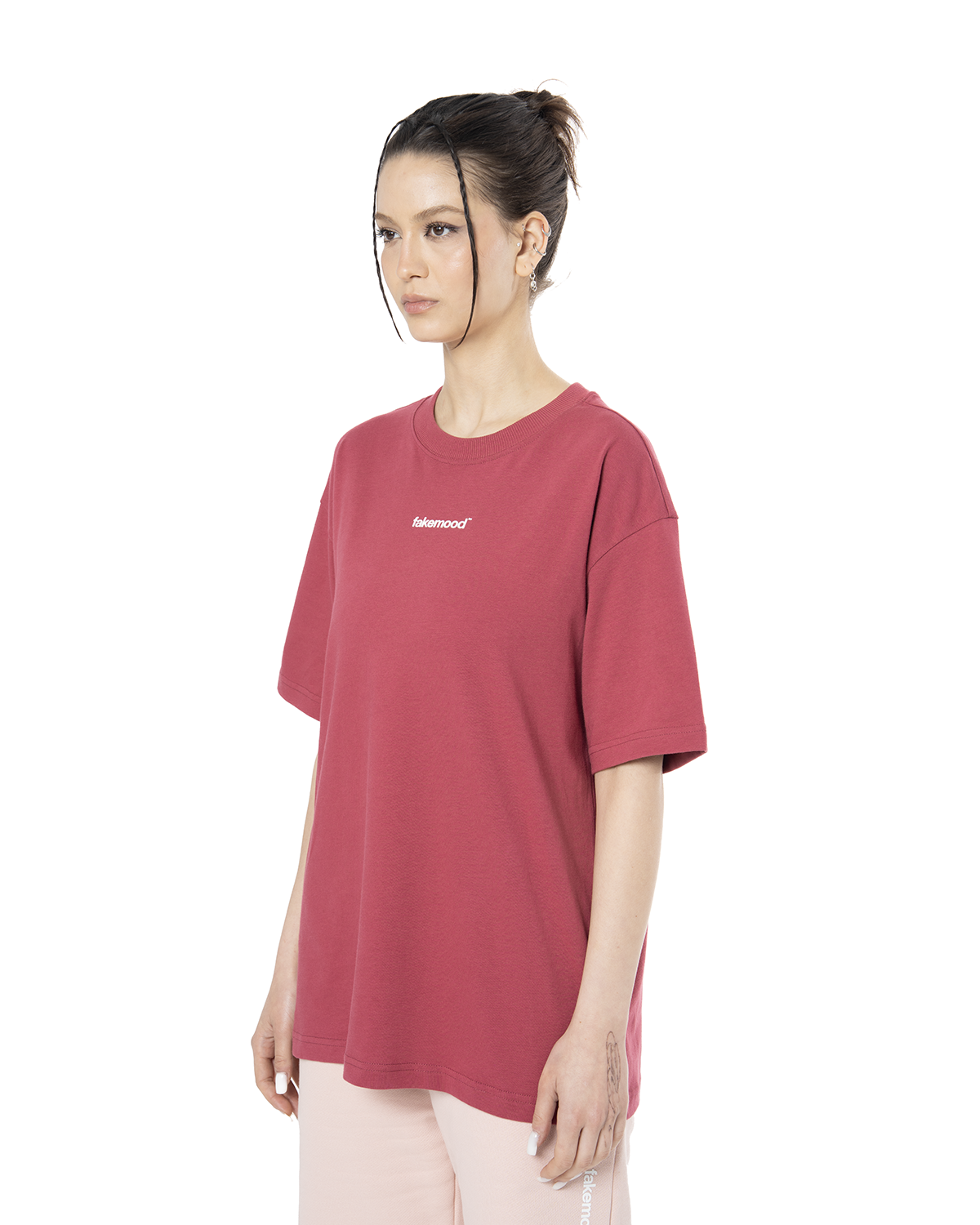 Kadin Oversize Basic Baskili TiŞört - Bordo