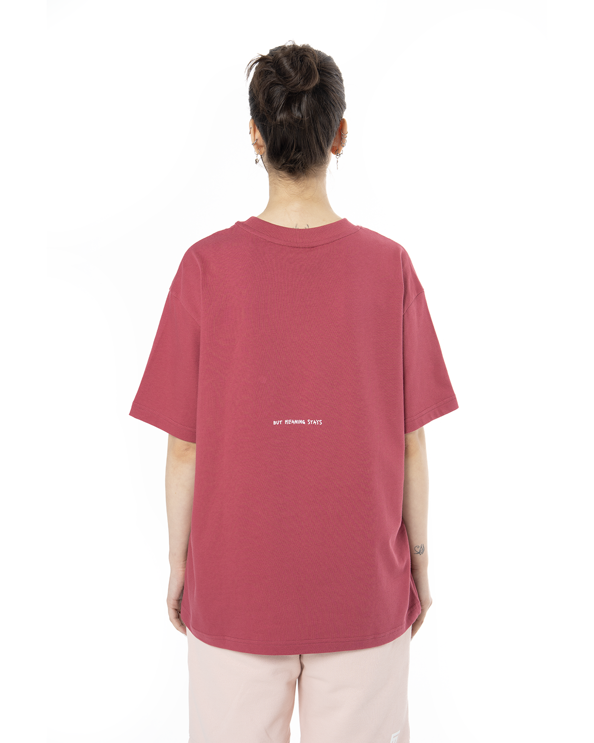 Kadin Oversize Basic Baskili TiŞört - Bordo