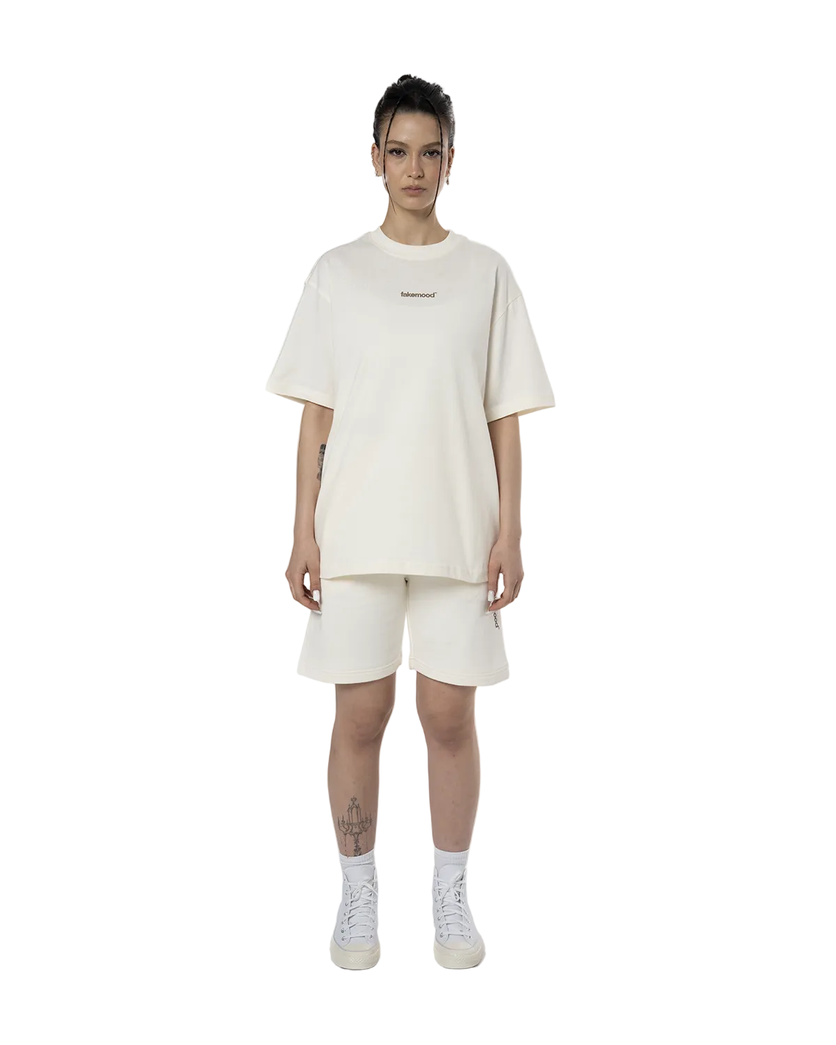 Kadin Oversize Basic Baskili TiŞört - Ekru
