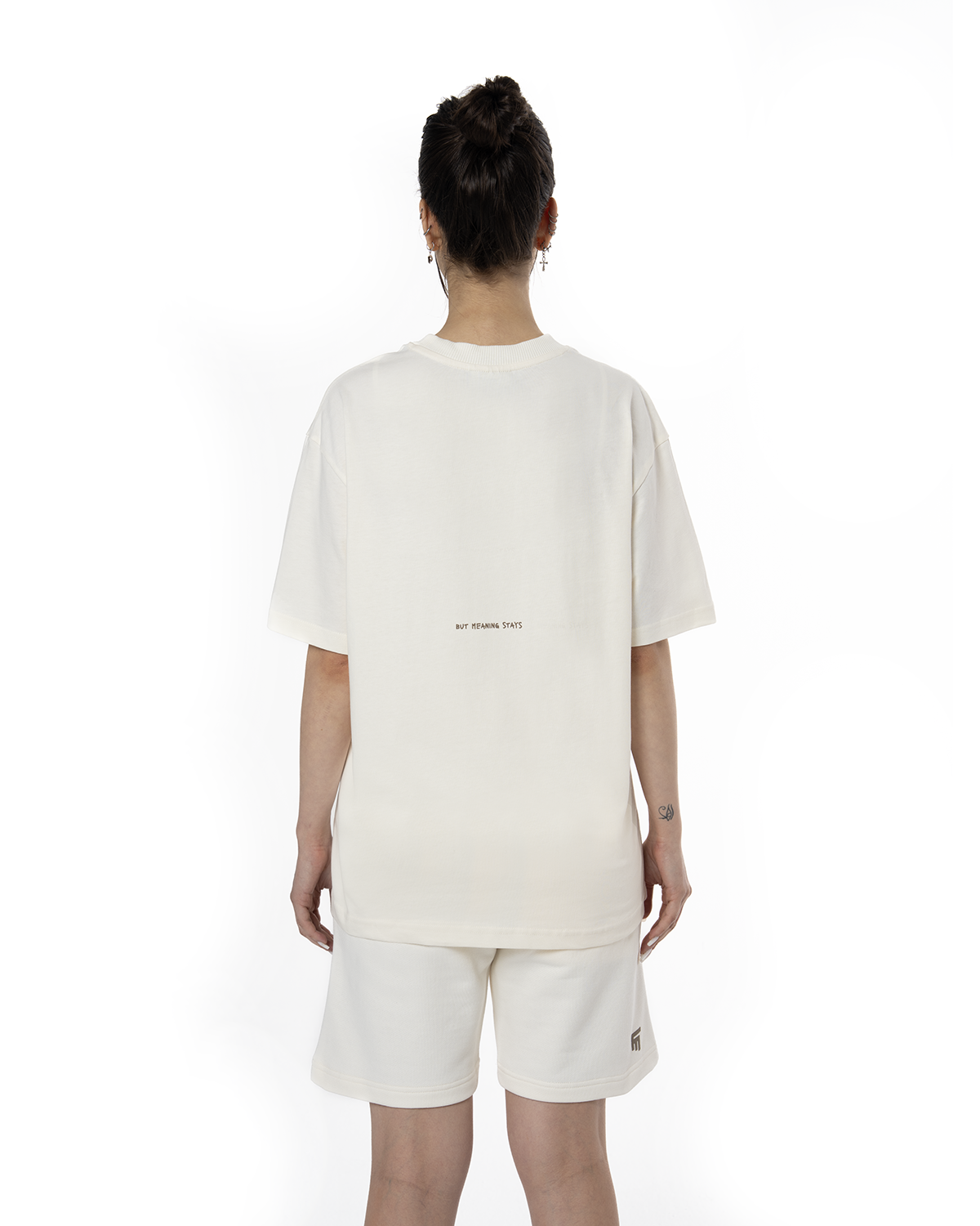 Kadin Oversize Basic Baskili TiŞört - Ekru