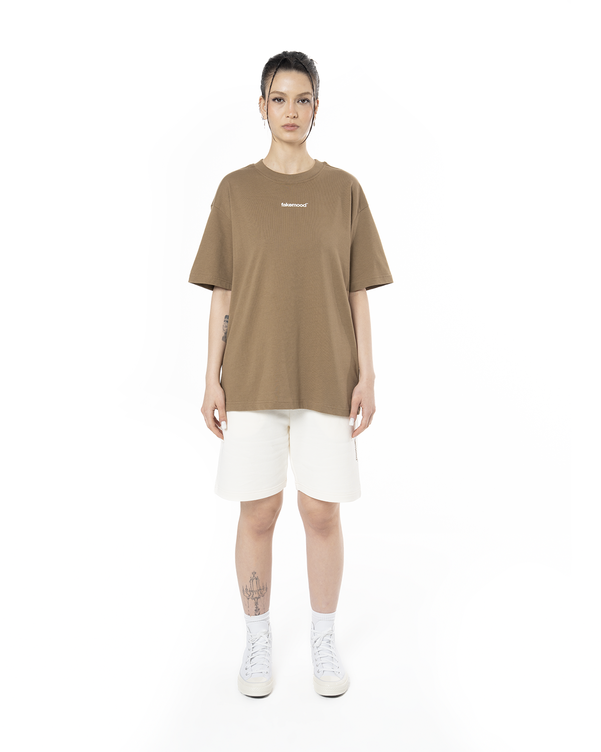 Kadin Oversize Basic Baskili TiŞört - Kahverengi