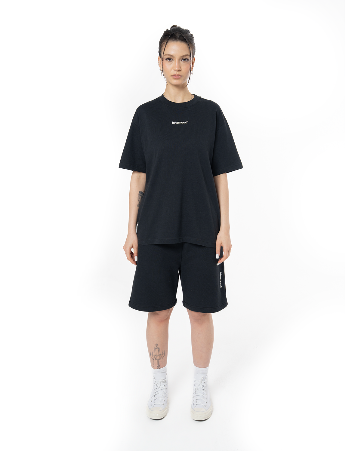 Kadin Oversize Basic Baskili TiŞört - SiYah