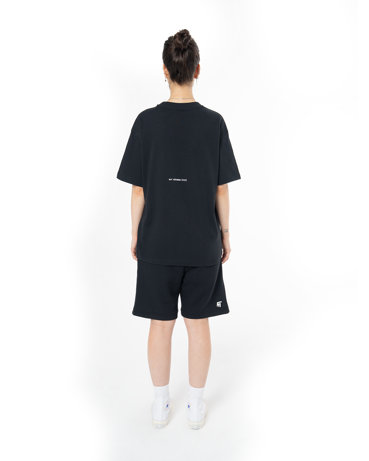 Kadin Oversize Basic Baskili TiŞört - SiYah