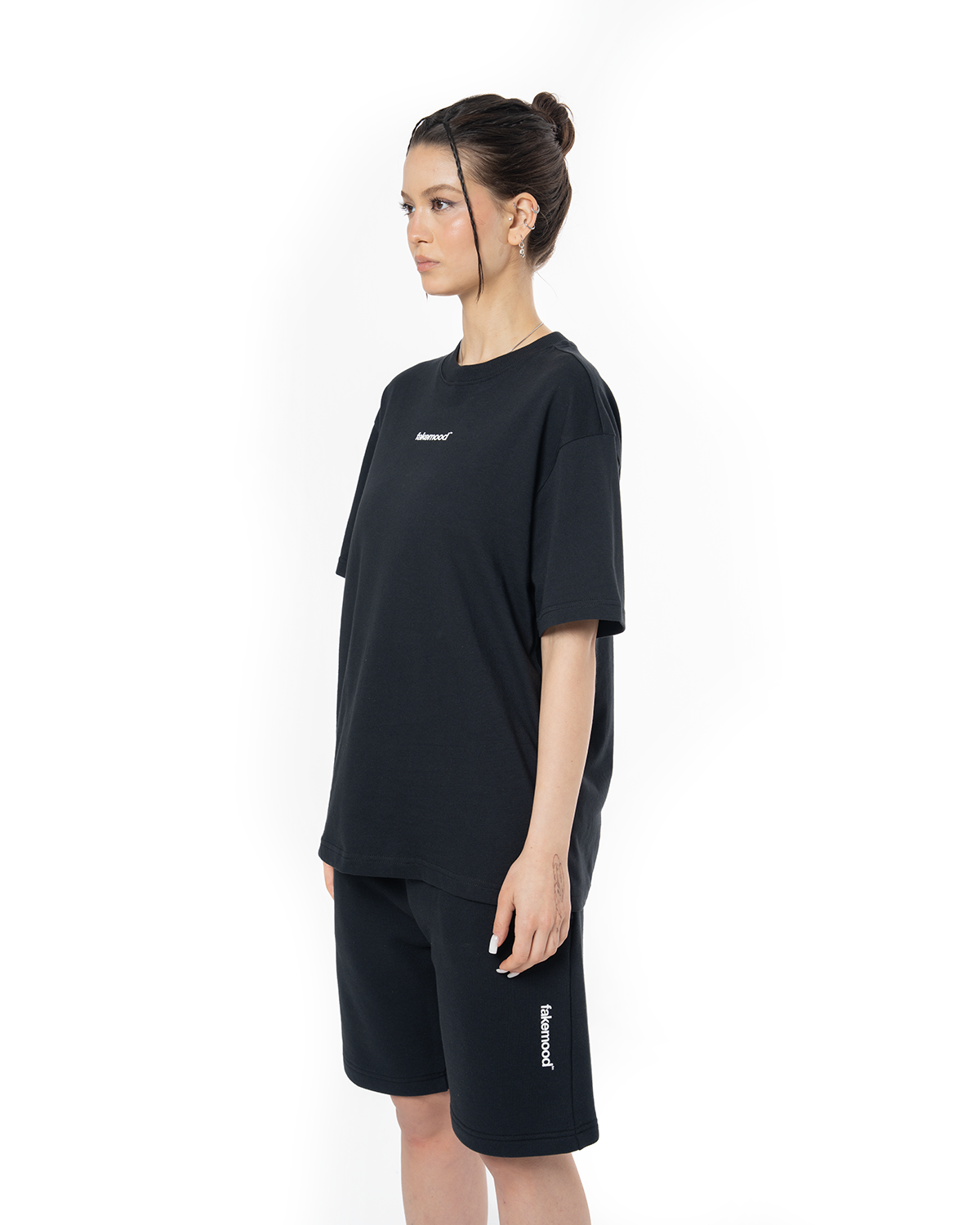 Kadin Oversize Basic Baskili TiŞört - SiYah
