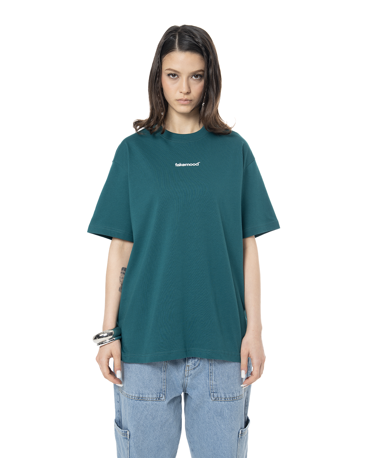 Kadin Oversize Basic Baskili TiŞört - YeşiL