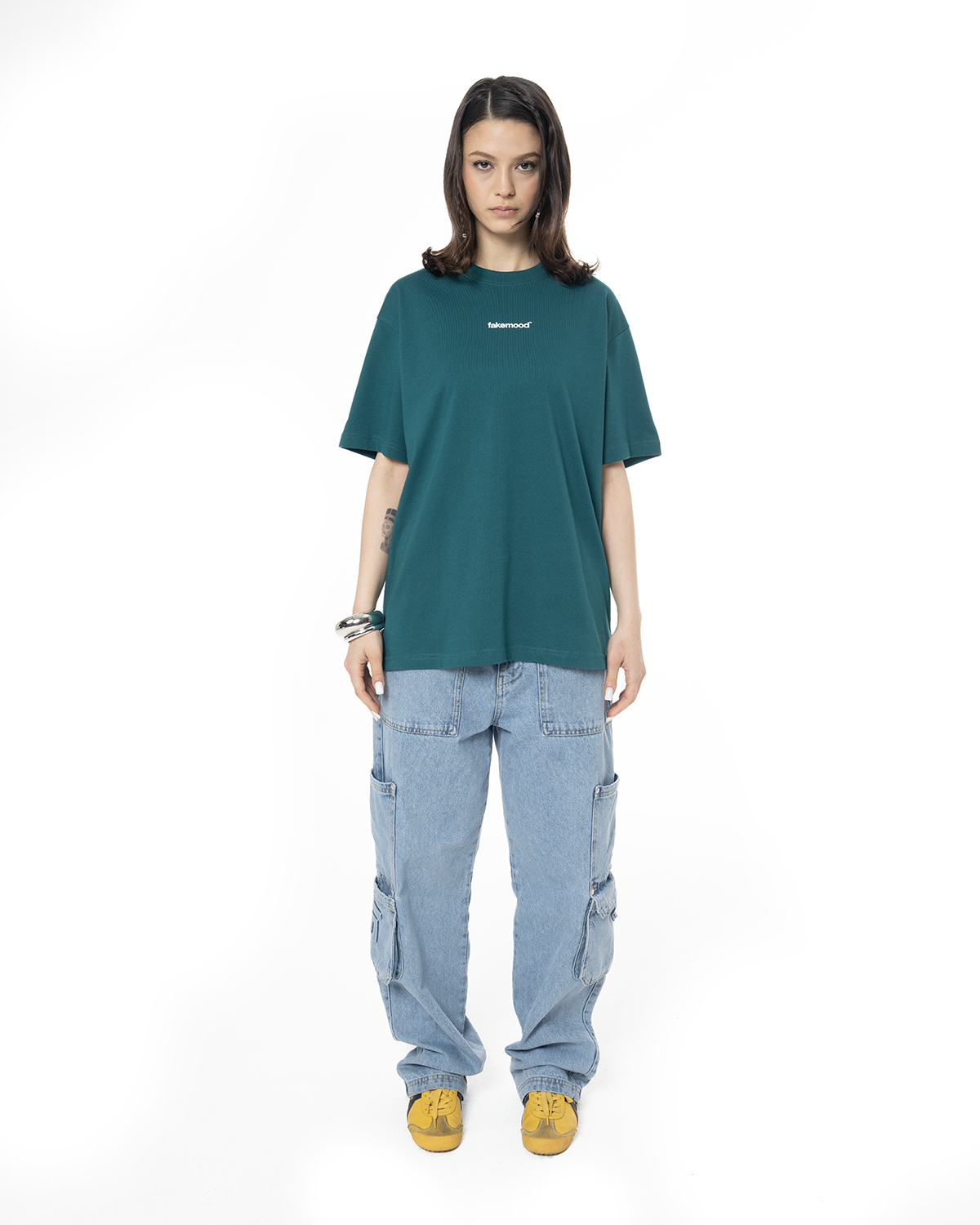 Kadin Oversize Basic Baskili TiŞört - YeşiL