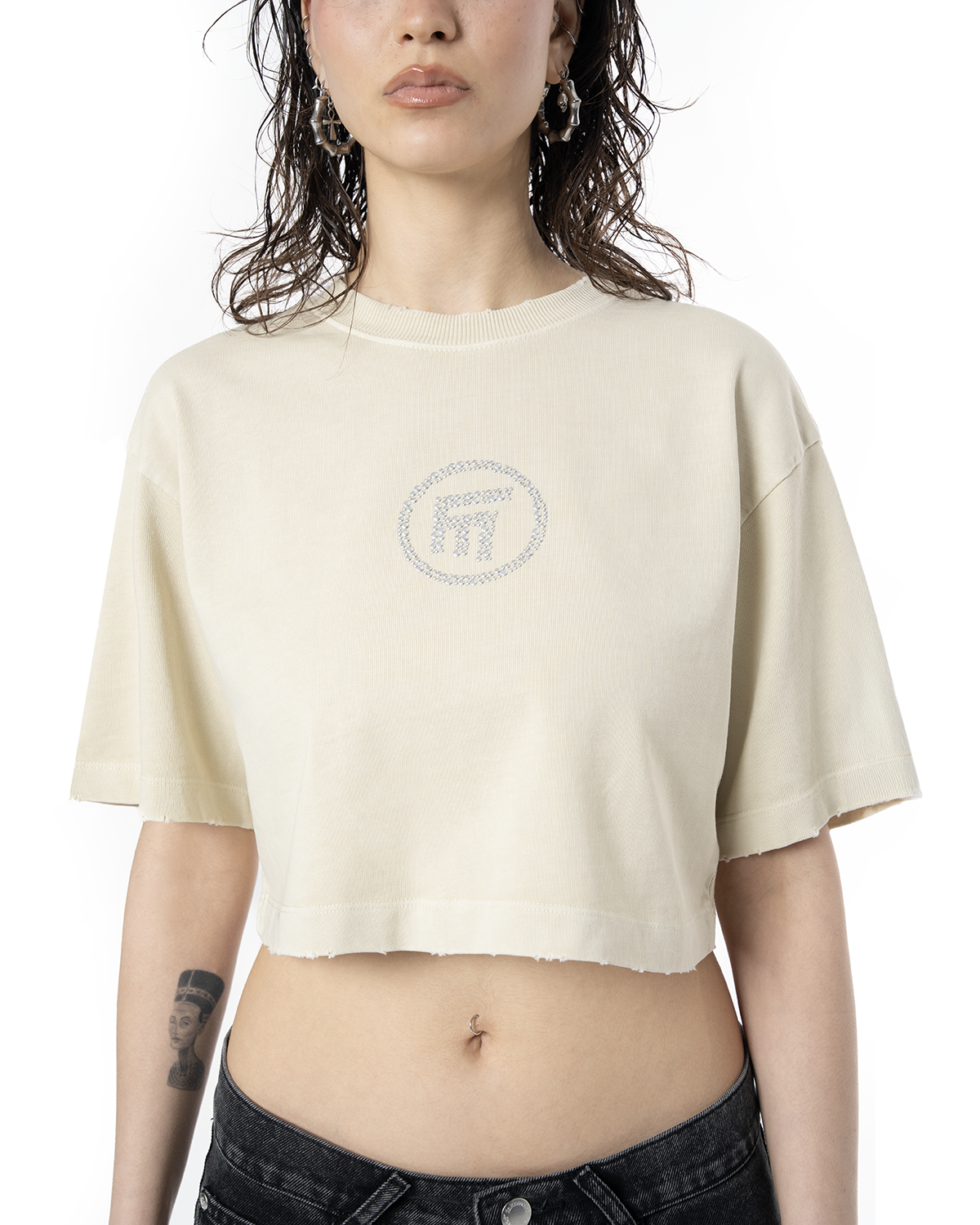 Kadin Oversize Fm Icon Yipratmali Crop TiŞört - Krem
