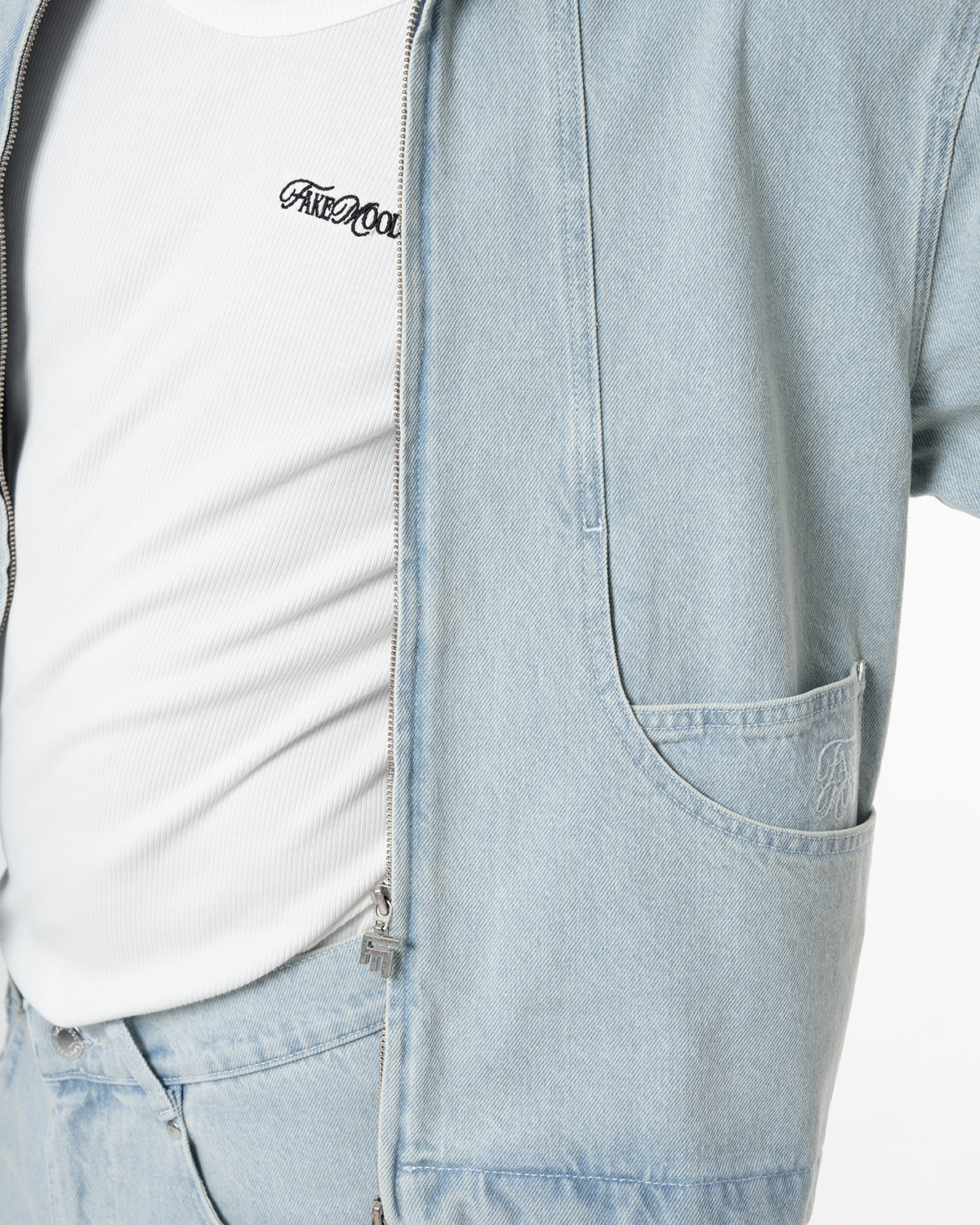 Unisex Fakemood Nakişli Premium Denim Ceket - Mavi