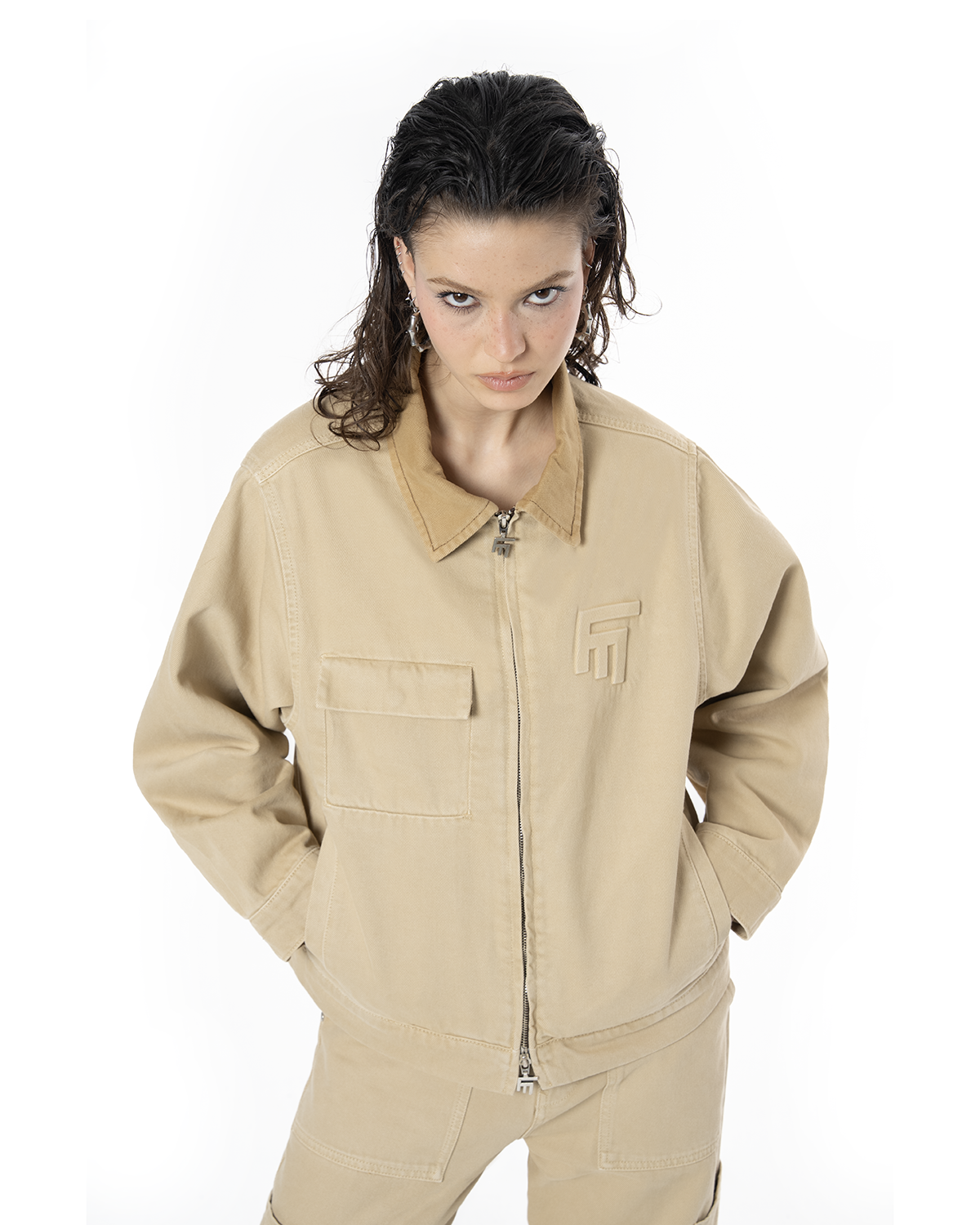 Unisex Oversize Fm Icon Logo Kabartma Detayli Premium Denim Ceket - Bej - 6
