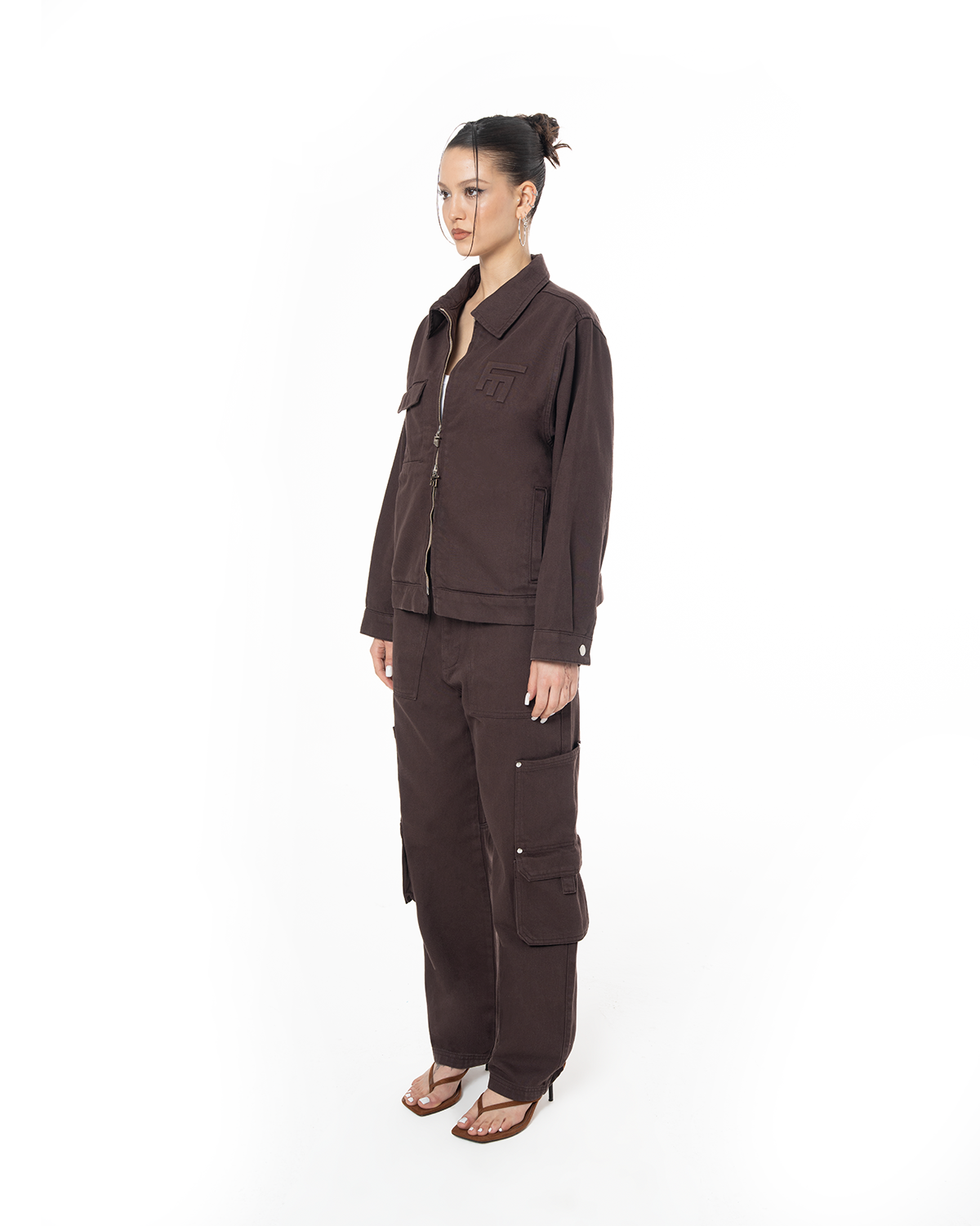 Unisex Oversize Fm Icon Logo Kabartma Detayli Premium Denim Ceket - Kahverengi - 6