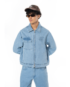 Unisex Oversize Fm Icon Logo Kabartma Detayli Premium Denim Ceket - Mavi