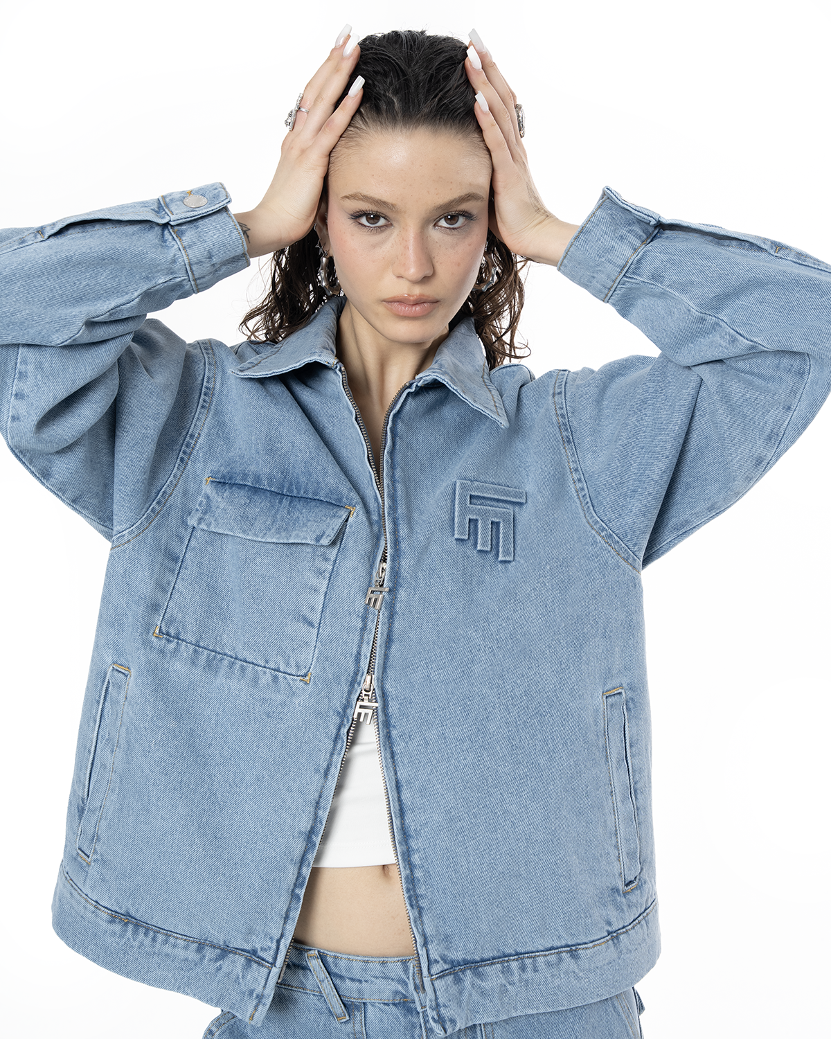 Unisex Oversize Fm Icon Logo Kabartma Detayli Premium Denim Ceket - Mavi