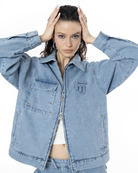 Unisex Oversize Fm Icon Logo Kabartma Detayli Premium Denim Ceket - Mavi