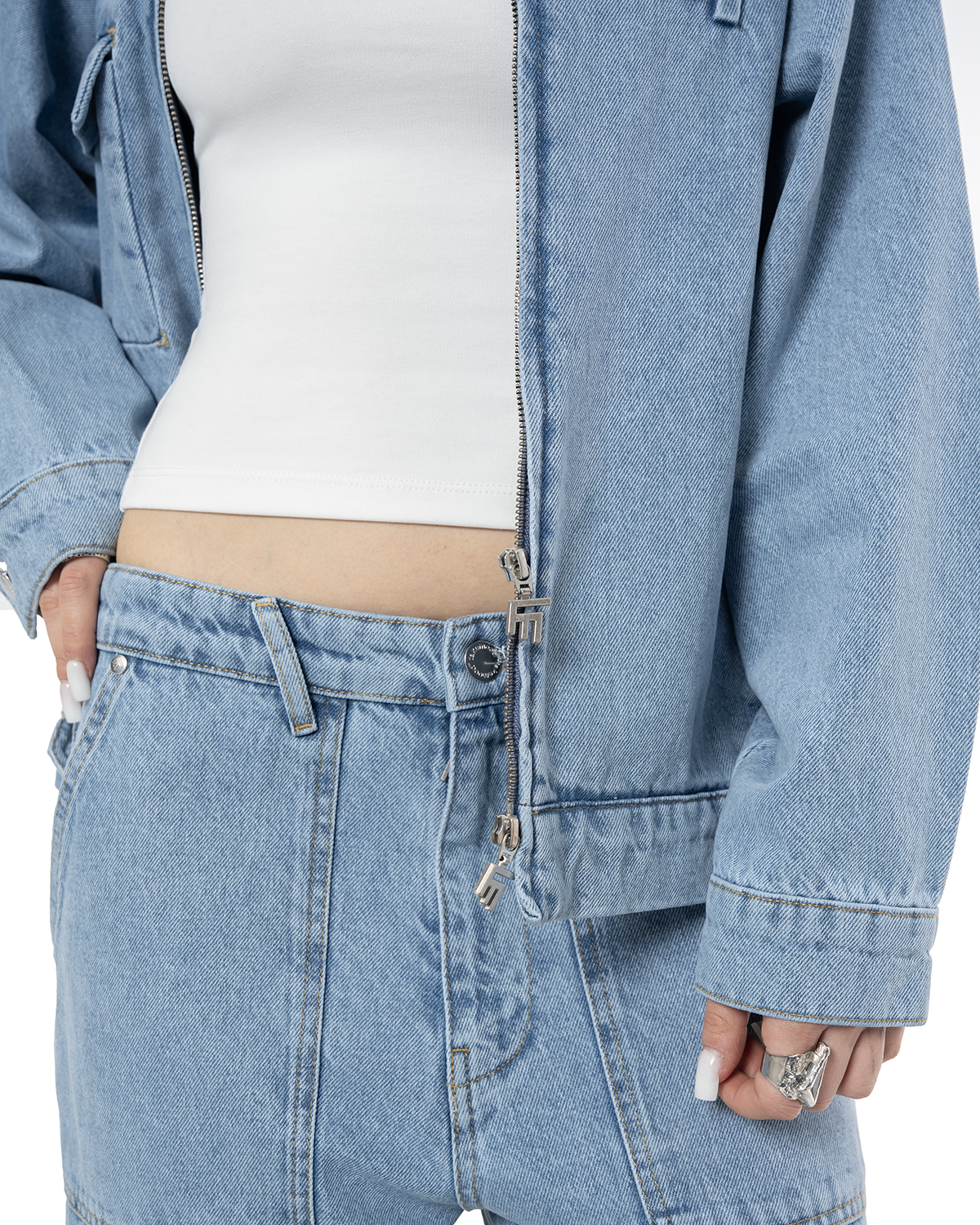Unisex Oversize Fm Icon Logo Kabartma Detayli Premium Denim Ceket - Mavi