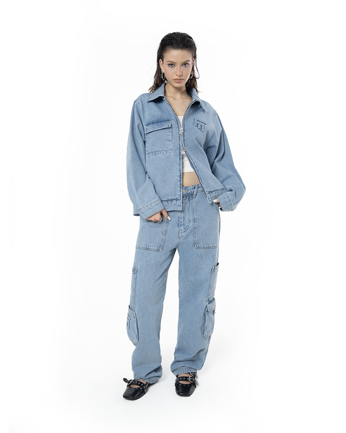 Unisex Oversize Fm Icon Logo Kabartma Detayli Premium Denim Ceket - Mavi