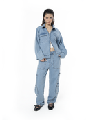 Unisex Oversize Fm Icon Logo Kabartma Detayli Premium Denim Ceket - Mavi