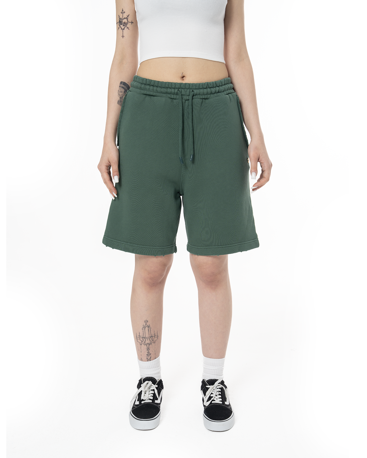 Unisex Oversize Nakişli Fm Madalyon Detayli Yipratmali Şort - YeşiL