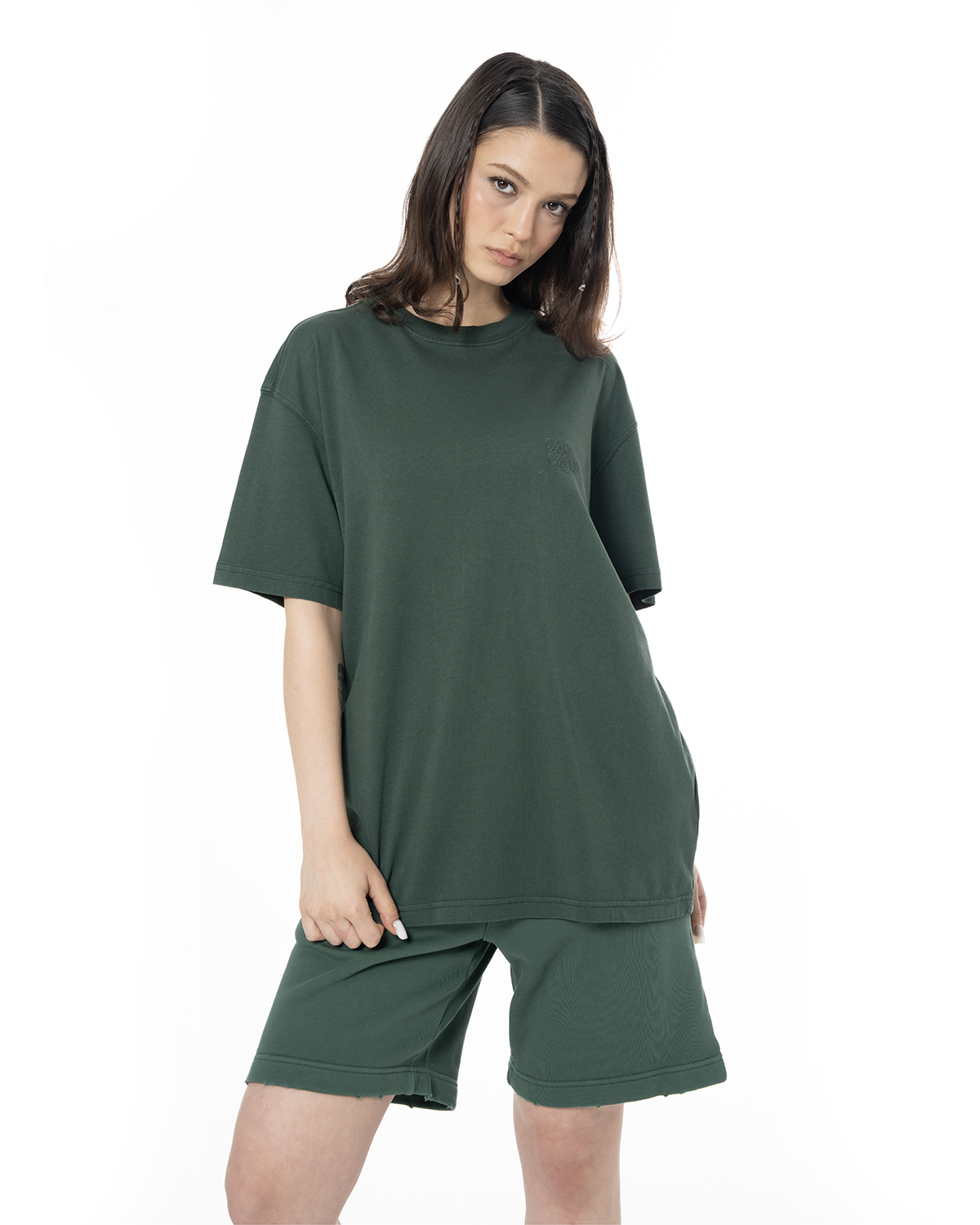 Unisex Oversize Nakişli Fm Madalyon Detayli Yipratmali Şort - YeşiL