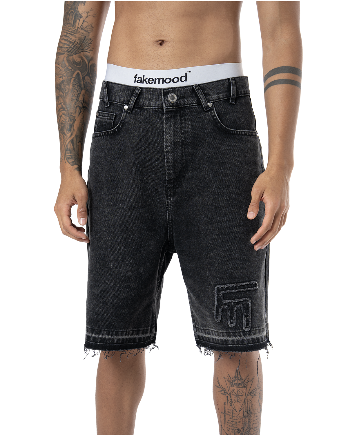 Unisex Oversize Yipratmali Fm Icon Detayli Premium Denim Şort - SiYah
