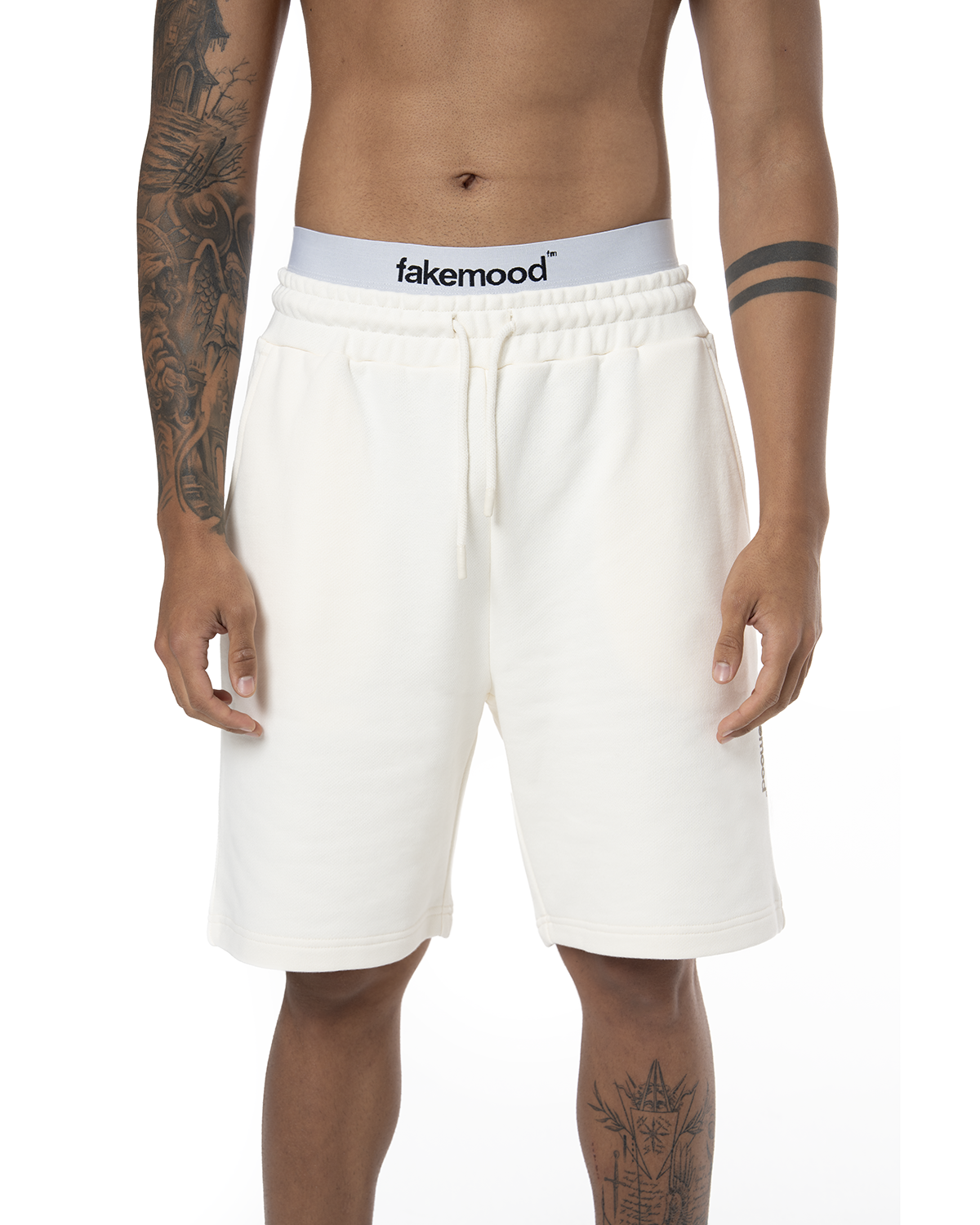 Unisex Relaxed Fit Basic Fakemood Baskili Şort - AntiK Beyaz