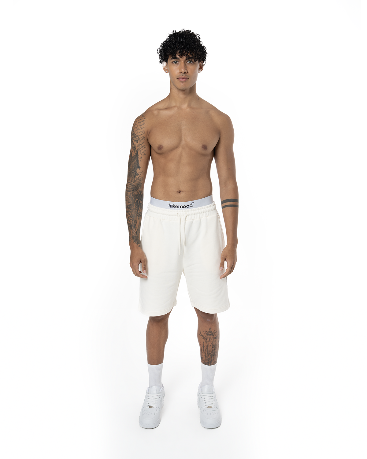 Unisex Relaxed Fit Basic Fakemood Baskili Şort - AntiK Beyaz
