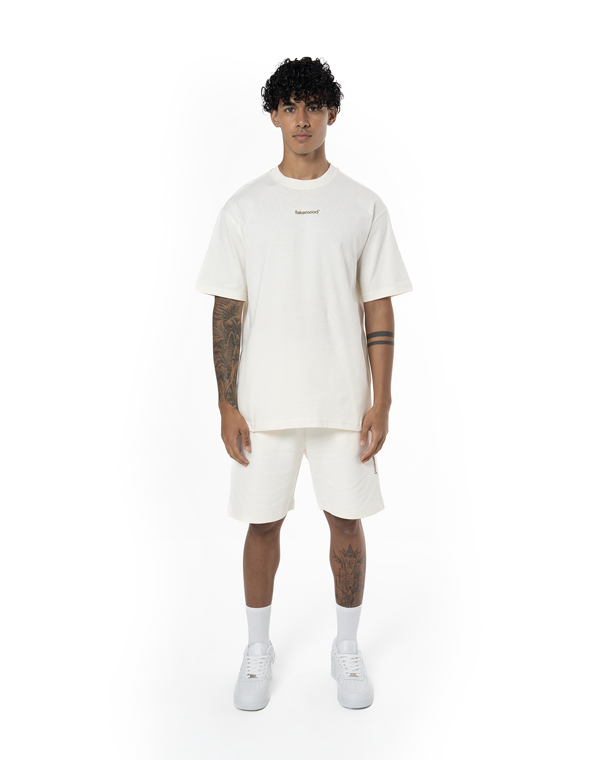 Unisex Relaxed Fit Basic Fakemood Baskili Şort - AntiK Beyaz