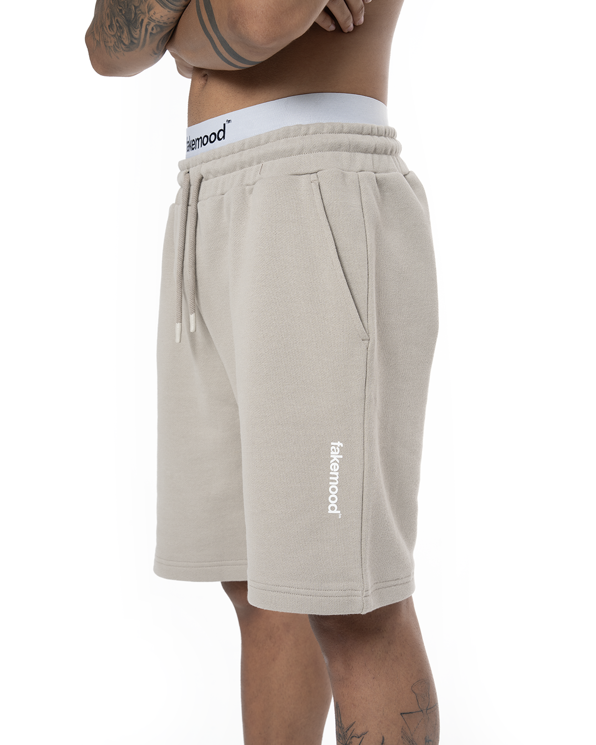 Unisex Relaxed Fit Basic Fakemood Baskili Şort - Taş - 2