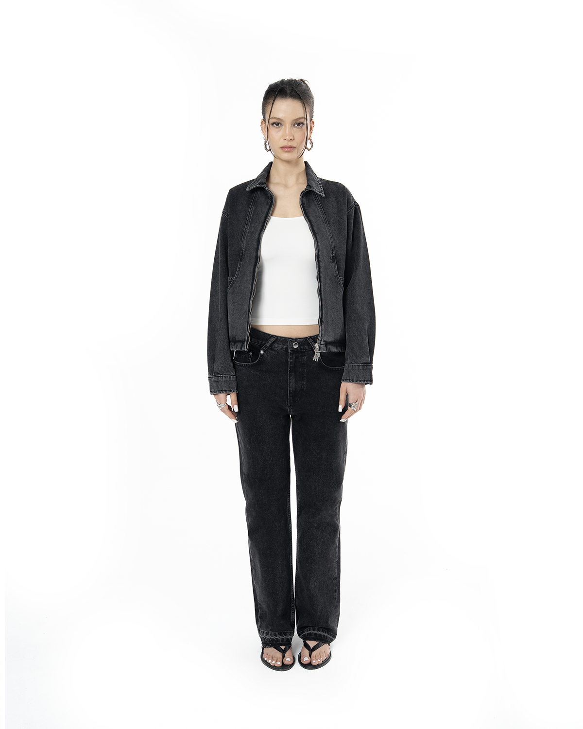 Unisex Relaxed Fit Fakemood Nakişli Premium Denim Pantolon - SiYah