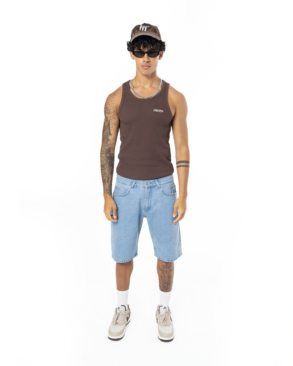 Unisex Relaxed Fit Fm Icon Logo Kabartmali Premium Denim Şort - Mavi