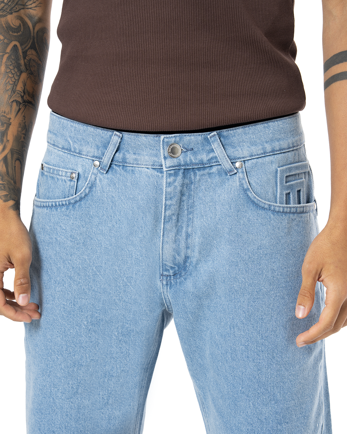 Unisex Relaxed Fit Fm Icon Logo Kabartmali Premium Denim Şort - Mavi
