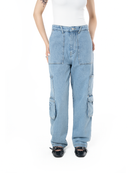 Unisex Relaxed Fit Logo Kabartmalı Nakış Detaylı Premium Kargo Pantolon - Mavi - 3