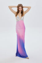 Fickle Hearts-Siren Maxi Saten Yaka Payet Detaylı Degrade Uzun Davet Elbisesi-Elbise-1-Milagron.com