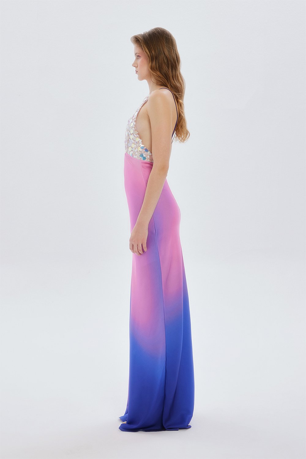 Fickle Hearts-Siren Maxi Saten Yaka Payet Detaylı Degrade Uzun Davet Elbisesi-Elbise-3-Milagron.com