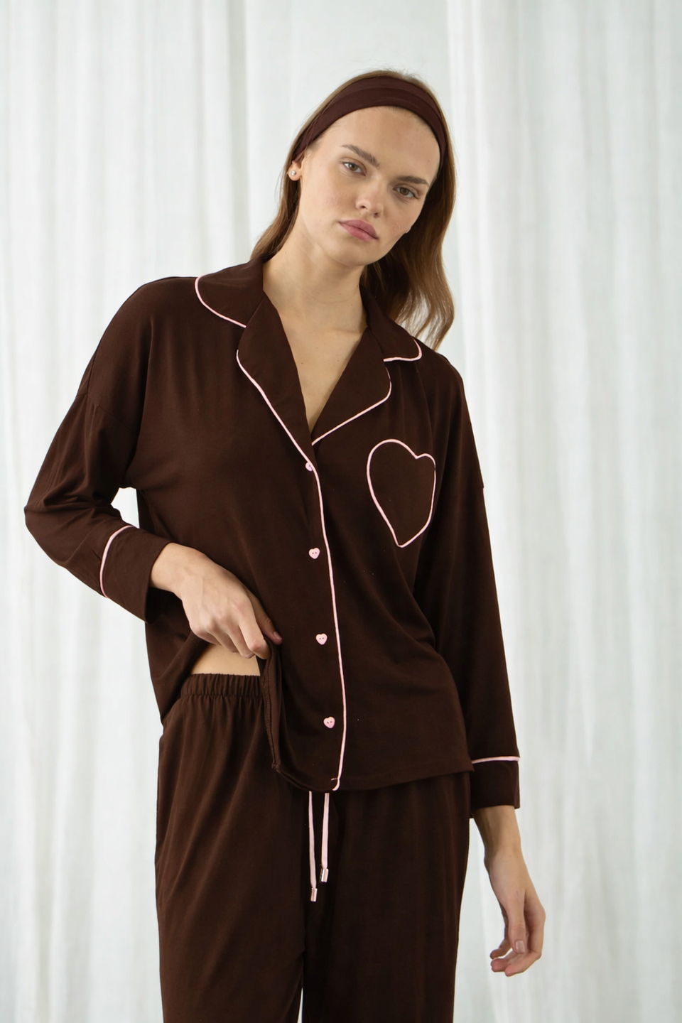 Liquide Amour Pyjama Top & Pants Set Brown