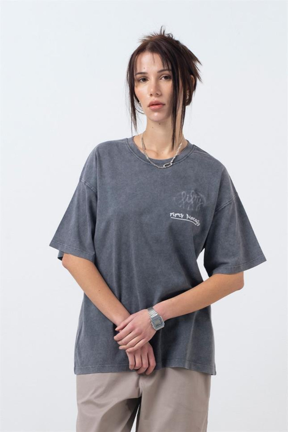 Fifty Pieces-Antrasit Oversize Asit Yıkamalı T-Shirt-T-Shirts-1-Milagron.com