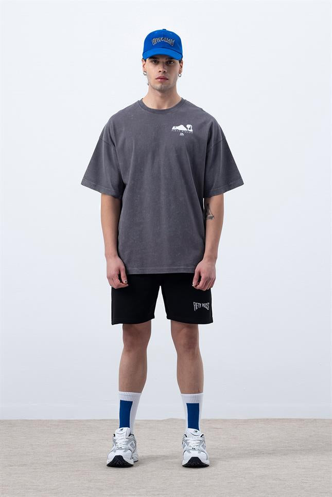 Erkek Antrasit Yıkamalı Sırt Baskılı T-Shirt