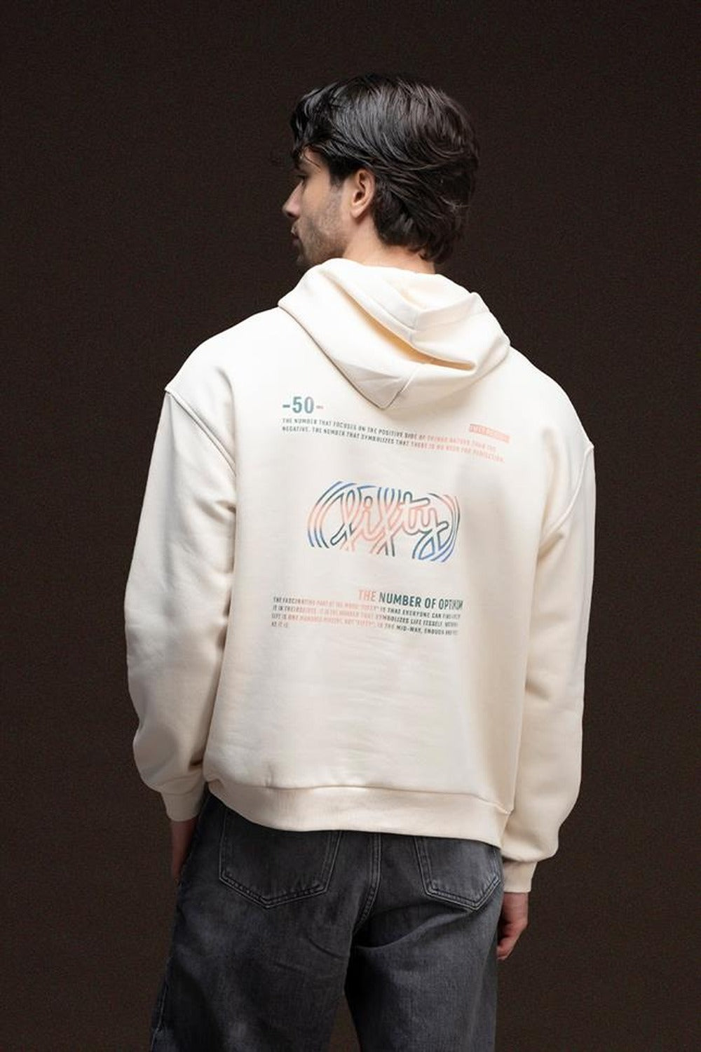 Erkek Kum Düşük Omuzlu Sırt Baskılı Hoodie