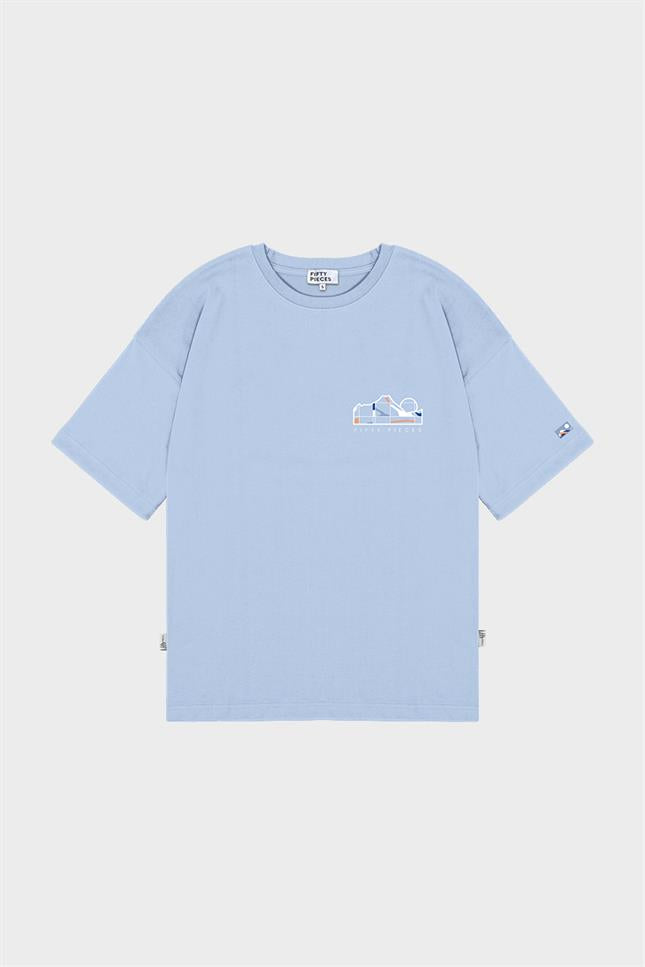 Erkek Mavi Sırt Baskılı Düşük Omuzlu T-Shirt